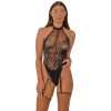 Lace by LJ Floral Lace & Net Halter Suspender Bodystocking Black